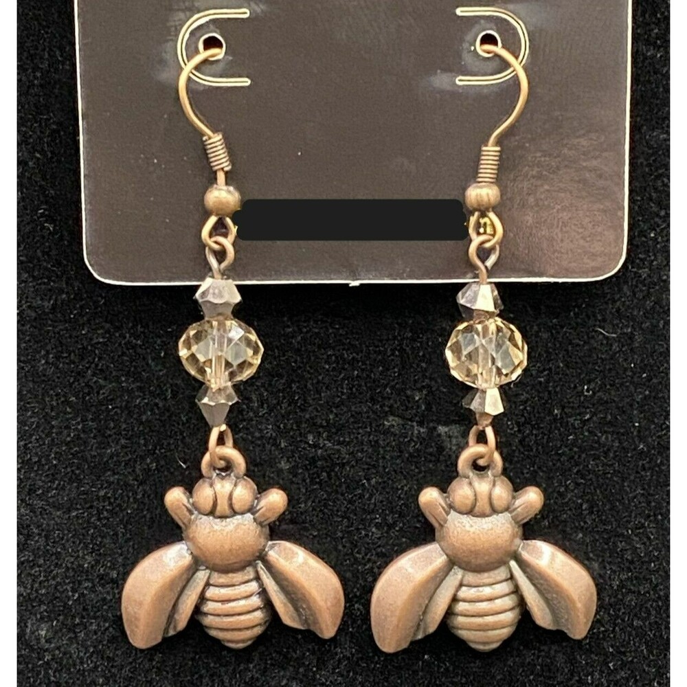 Handmade Antique Copper Tone Bee with Crystal Bead Earrings by Neanie-Bot
